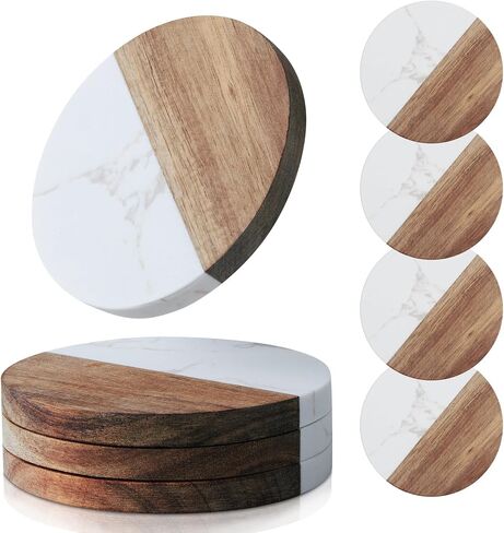 Coasters Set of 4 for Drinks,Marble-Wood Spliced Coaster for Tabletop Protection,Cup Holder Coasters for Multiple Cup Types,Coaster Set Gifts for Home Warmth in Saudi Arabia