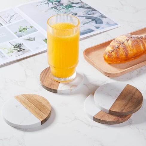 Coasters Set of 4 for Drinks,Marble-Wood Spliced Coaster for Tabletop Protection,Cup Holder Coasters for Multiple Cup Types,Coaster Set Gifts for Home Warmth in Saudi Arabia