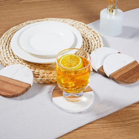 Coasters Set of 4 for Drinks,Marble-Wood Spliced Coaster for Tabletop Protection,Cup Holder Coasters for Multiple Cup Types,Coaster Set Gifts for Home Warmth in Saudi Arabia