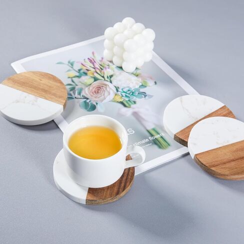 Coasters Set of 4 for Drinks,Marble-Wood Spliced Coaster for Tabletop Protection,Cup Holder Coasters for Multiple Cup Types,Coaster Set Gifts for Home Warmth in Saudi Arabia
