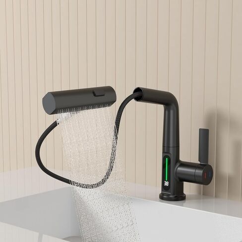 Waterfall Bathroom Sink Faucet, Bathroom Faucet with Pull Out Sprayer Single Hole, Modern Digital Faucet with Temperature Display, Liftable 360° Swivel Faucet, with 3/8" Hose, Black in Saudi Arabia