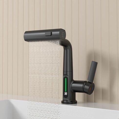 Waterfall Bathroom Sink Faucet, Bathroom Faucet with Pull Out Sprayer Single Hole, Modern Digital Faucet with Temperature Display, Liftable 360° Swivel Faucet, with 3/8" Hose, Black in Saudi Arabia