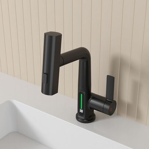 Waterfall Bathroom Sink Faucet, Bathroom Faucet with Pull Out Sprayer Single Hole, Modern Digital Faucet with Temperature Display, Liftable 360° Swivel Faucet, with 3/8" Hose, Black in Saudi Arabia