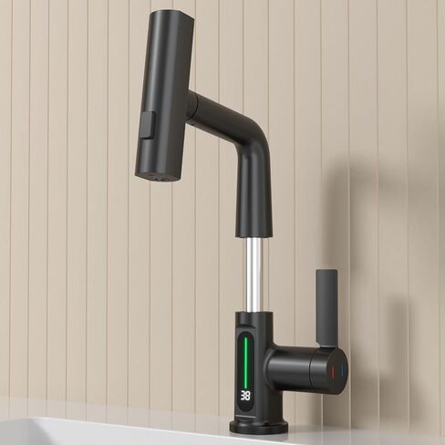 Waterfall Bathroom Sink Faucet, Bathroom Faucet with Pull Out Sprayer Single Hole, Modern Digital Faucet with Temperature Display, Liftable 360° Swivel Faucet, with 3/8" Hose, Black in Saudi Arabia