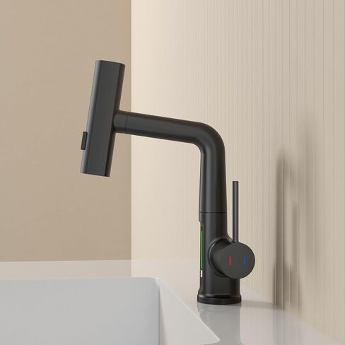 Waterfall Bathroom Sink Faucet, Bathroom Faucet with Pull Out Sprayer Single Hole, Modern Digital Faucet with Temperature Display, Liftable 360° Swivel Faucet, with 3/8" Hose, Black in Saudi Arabia