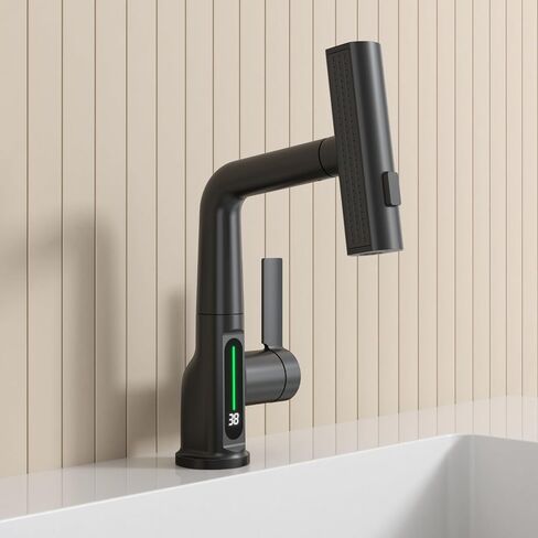 Waterfall Bathroom Sink Faucet, Bathroom Faucet with Pull Out Sprayer Single Hole, Modern Digital Faucet with Temperature Display, Liftable 360° Swivel Faucet, with 3/8" Hose, Black in Saudi Arabia