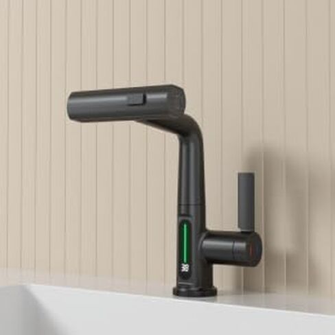 Waterfall Bathroom Sink Faucet, Bathroom Faucet with Pull Out Sprayer Single Hole, Modern Digital Faucet with Temperature Display, Liftable 360° Swivel Faucet, with 3/8" Hose, Black in Saudi Arabia