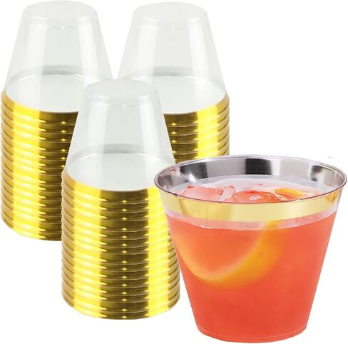 QPEY 50 Pack Gold Rimmed Plastic Cups,9 Oz Premium Gold Disposable Party Cups Clear Hard Plastic Wine Glasses for Holiday Gathering,Wedding,Elegant Disposable Party Cups in Kuwait
