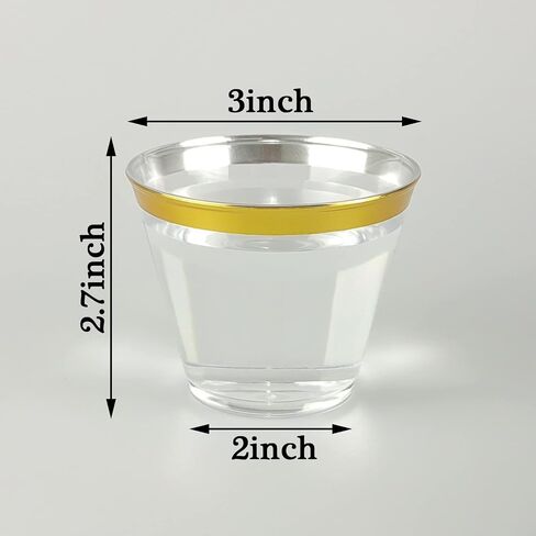 QPEY 50 Pack Gold Rimmed Plastic Cups,9 Oz Premium Gold Disposable Party Cups Clear Hard Plastic Wine Glasses for Holiday Gathering,Wedding,Elegant Disposable Party Cups in Kuwait