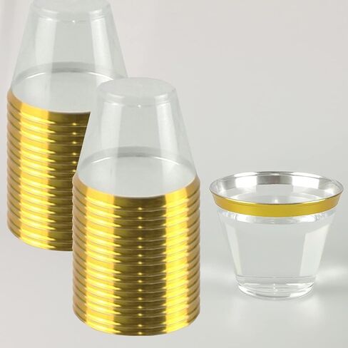 QPEY 50 Pack Gold Rimmed Plastic Cups,9 Oz Premium Gold Disposable Party Cups Clear Hard Plastic Wine Glasses for Holiday Gathering,Wedding,Elegant Disposable Party Cups in Kuwait