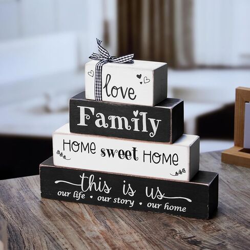4 Pieces Farmhouse Wood Stacking Blocks for Home Living Room Bedroom Table Decor, Rustic Love/Family/Home Sweet Home/This Is Us Wooden Sign Decorations for Coffee Tabletop, Mantel, Shelf Decor in Saudi Arabia