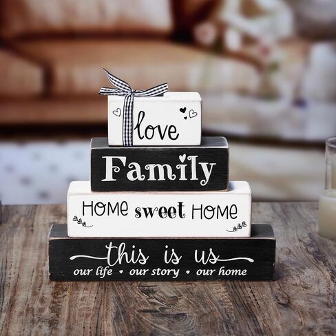 4 Pieces Farmhouse Wood Stacking Blocks for Home Living Room Bedroom Table Decor, Rustic Love/Family/Home Sweet Home/This Is Us Wooden Sign Decorations for Coffee Tabletop, Mantel, Shelf Decor in Saudi Arabia