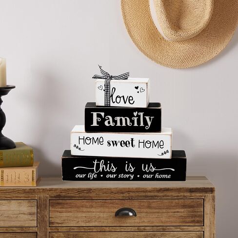 4 Pieces Farmhouse Wood Stacking Blocks for Home Living Room Bedroom Table Decor, Rustic Love/Family/Home Sweet Home/This Is Us Wooden Sign Decorations for Coffee Tabletop, Mantel, Shelf Decor in Saudi Arabia