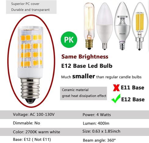E12 مصابيح شمعدان LED 4 وات تحل محل E12 40 وات مكافئ الهالوجين، أبيض دافئ 2700K C7 T4 120V قاعدة صغيرة E12 لمروحة السقف الثريا قلادة الإضاءة مصباح الملح، غير قابل للتعتيم، 2 حزمة in Kuwait