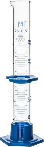 EISCO Graduated Cylinder, 25mL - Class B - Detachable, Plastic Hexagonal Base & Protective Collar - Blue Graduations - Borosilicate Glass in Saudi Arabia