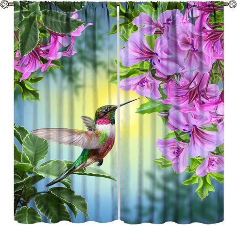 Hummingbird Blackout Curtains, Beautiful Purple Floral Hummingbird Nature Theme, for Bedroom Living Room, 2 Panel Set, 42x45 Inch in Kuwait