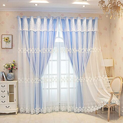Amidoudou 1 Pair Double Layer Curtains with Valances for Living Room Flower Shaped Embroidered Curtains for Bedroom (White,54x84 Inch) in Saudi Arabia