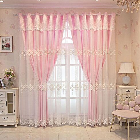 Amidoudou 1 Pair Double Layer Curtains with Valances for Living Room Flower Shaped Embroidered Curtains for Bedroom (White,54x84 Inch) in Saudi Arabia