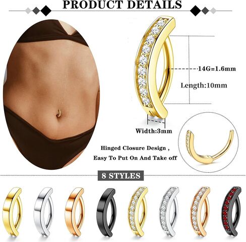 HAIAISO 8 Pcs Clicker Belly Button Rings for Women Hypoallergenic Surgical Steel Belly Button Rings Reverse Curved Barbell Piercing Body Jewelry in Saudi Arabia