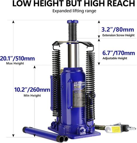 Air Hydraulic Bottle Jack, 12 Ton All Welded Bottle Jack, 10.2-20.1 inch Lifting Range, with 2-Section Long Handle, for Car, Pickup Truck, Truck, RV, Auto Repair, Industrial Engineering in Saudi Arabia