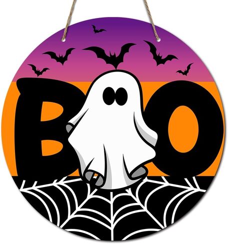 Happy Halloween Boo Spooky Bat Rustic Wood Sign Welcome Wood Hanging Plaque Signs for Home Farmhouse Front Door Wall Decor Fall Indoor Outdoor Halloween Party Supplies 10 x 10 Inches in Saudi Arabia