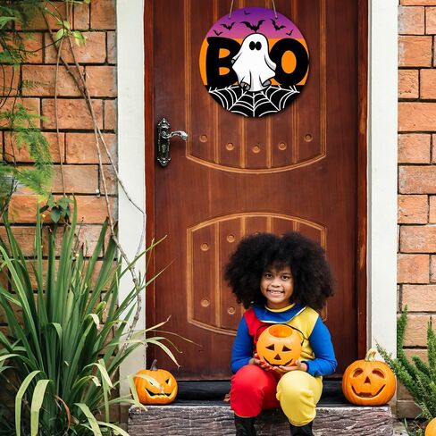 Happy Halloween Boo Spooky Bat Rustic Wood Sign Welcome Wood Hanging Plaque Signs for Home Farmhouse Front Door Wall Decor Fall Indoor Outdoor Halloween Party Supplies 10 x 10 Inches in Saudi Arabia
