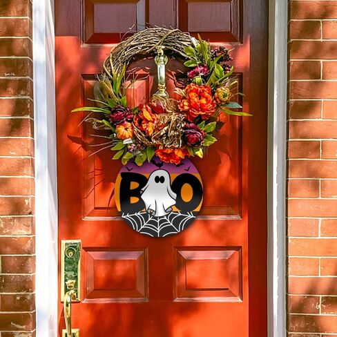 Happy Halloween Boo Spooky Bat Rustic Wood Sign Welcome Wood Hanging Plaque Signs for Home Farmhouse Front Door Wall Decor Fall Indoor Outdoor Halloween Party Supplies 10 x 10 Inches in Saudi Arabia