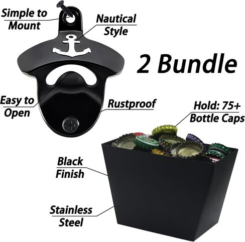فتاحة زجاجات مثبتة على الحائط مقاومة للصدأ، فتاحة علوية للبيرة بعمود بحري مع دلو لالتقاط الغطاء باللون الأسود من أجل هدية حفلة البار in Saudi Arabia