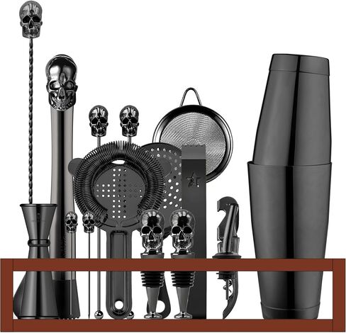 Homestia, 18 PCS Boston Shaker Set Bartender Kit with Stand, Cocktail Shaker Set Drink Shakers Set Skull Style Mix Drink Shaker Kit, Bar Essentials Kit Black Barware Tool Sets in Saudi Arabia
