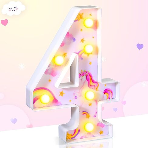 Meonum Unicorn 3/4/5th Birthday Party Decorations Light Up Numbers, LED Rainbow Unicorn Glowing Numbers, Birthday Table Centerpieces for Girls Pink Unicorn Themed Party Decorations Supplies (Number 4) in Saudi Arabia