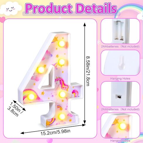 Meonum Unicorn 3/4/5th Birthday Party Decorations Light Up Numbers, LED Rainbow Unicorn Glowing Numbers, Birthday Table Centerpieces for Girls Pink Unicorn Themed Party Decorations Supplies (Number 4) in Saudi Arabia
