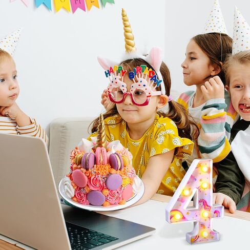 Meonum Unicorn 3/4/5th Birthday Party Decorations Light Up Numbers, LED Rainbow Unicorn Glowing Numbers, Birthday Table Centerpieces for Girls Pink Unicorn Themed Party Decorations Supplies (Number 4) in Saudi Arabia