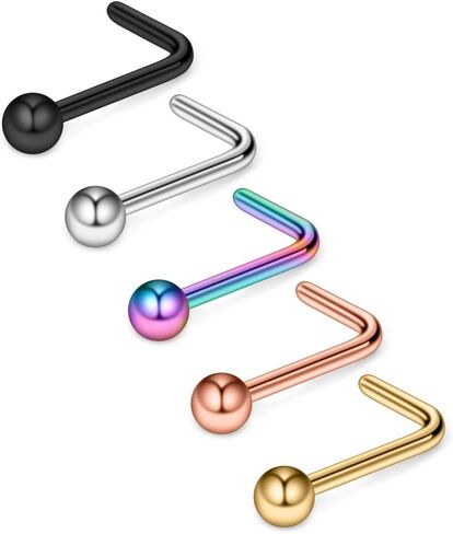 Ruifan 5PCS Surgical Steel Curved Nose Stud Ring L Shaped with 1.5mm-3mm Ball Piercing Jewelry 22G 20G 18G, gauge:20g(0.8mm) in Saudi Arabia