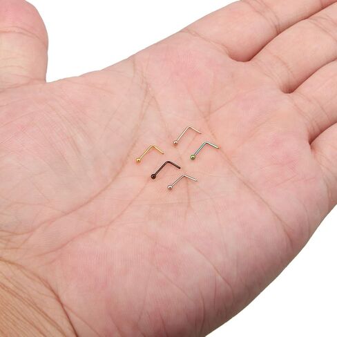 Ruifan 5PCS Surgical Steel Curved Nose Stud Ring L Shaped with 1.5mm-3mm Ball Piercing Jewelry 22G 20G 18G, gauge:20g(0.8mm) in Saudi Arabia