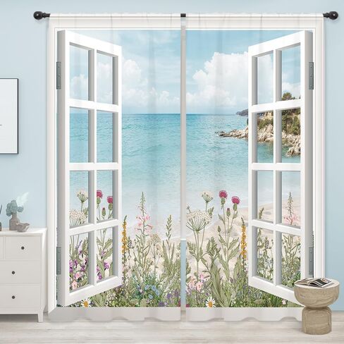 Riyidecor Ocean Beach Coastal Curtains Teal Blue Hawaiian Sea Floral Scenery Rustic Wildflower Plant Rod Pocket White Wooden Window Seascape Bedroom Living Room Treatment Fabric 2 Panels 52Wx84H Inch in Saudi Arabia