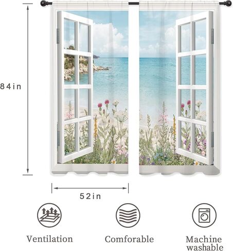 Riyidecor Ocean Beach Coastal Curtains Teal Blue Hawaiian Sea Floral Scenery Rustic Wildflower Plant Rod Pocket White Wooden Window Seascape Bedroom Living Room Treatment Fabric 2 Panels 52Wx84H Inch in Saudi Arabia