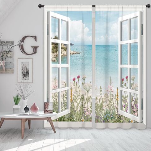 Riyidecor Ocean Beach Coastal Curtains Teal Blue Hawaiian Sea Floral Scenery Rustic Wildflower Plant Rod Pocket White Wooden Window Seascape Bedroom Living Room Treatment Fabric 2 Panels 52Wx84H Inch in Saudi Arabia