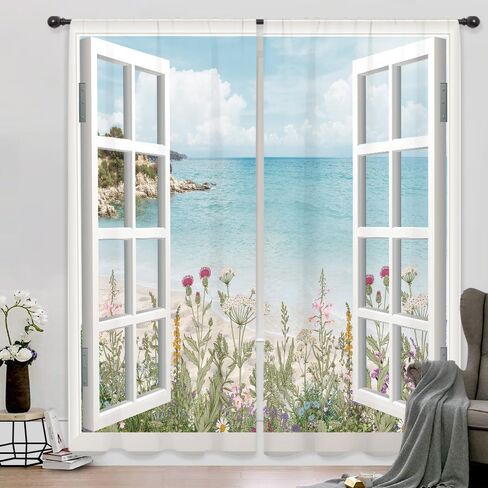 Riyidecor Ocean Beach Coastal Curtains Teal Blue Hawaiian Sea Floral Scenery Rustic Wildflower Plant Rod Pocket White Wooden Window Seascape Bedroom Living Room Treatment Fabric 2 Panels 52Wx84H Inch in Saudi Arabia