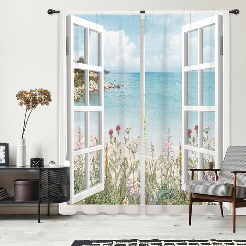 Riyidecor Ocean Beach Coastal Curtains Teal Blue Hawaiian Sea Floral Scenery Rustic Wildflower Plant Rod Pocket White Wooden Window Seascape Bedroom Living Room Treatment Fabric 2 Panels 52Wx84H Inch in Saudi Arabia
