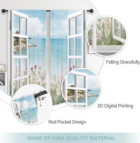 Riyidecor Ocean Beach Coastal Curtains Teal Blue Hawaiian Sea Floral Scenery Rustic Wildflower Plant Rod Pocket White Wooden Window Seascape Bedroom Living Room Treatment Fabric 2 Panels 52Wx84H Inch in Saudi Arabia