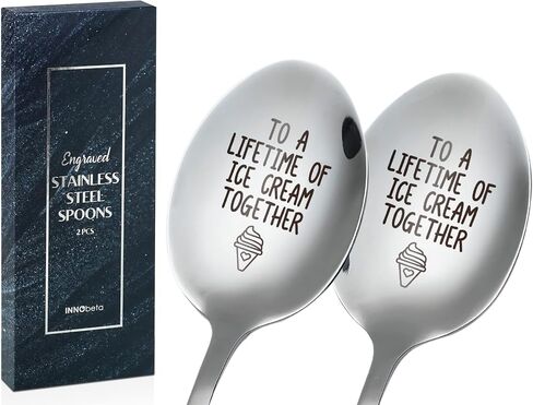 INNObeta Engraved Ice Cream Spoons, Gifts for Couple, 2 Pcs Stainless Steel Coffee Spoon, To a Lifetime of Ice Cream Together in Saudi Arabia