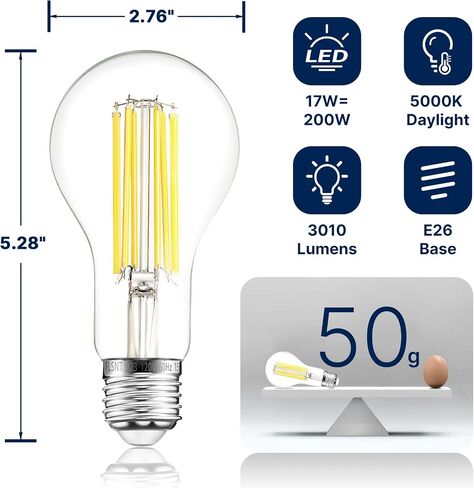 FLSNT 200W Equivalent A23 LED Light Bulbs, Efficient 17W, 3010Lumens, 5000K Daylight, CRI82, E26 Medium Base, Clear Glass, 4 Pack, Non-Dimmable in Saudi Arabia