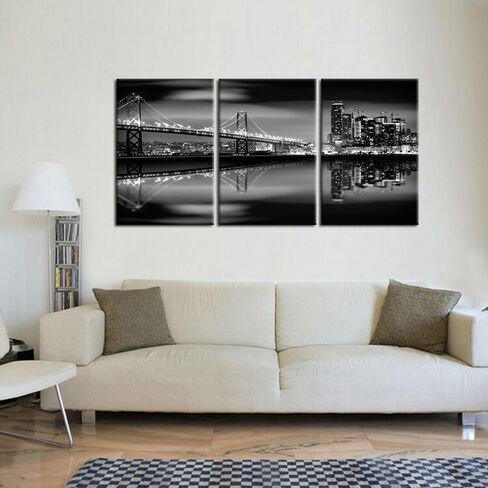 KREATIVE ARTS - San Francisco Bay at Night in Black and White Bridge 3 Panels Modern Landscape Artwork Canvas Prints Cityscape Pictures Paintings on Canvas Wall Art for Home Decor (16x24inchx3pcs) in Kuwait