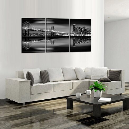 KREATIVE ARTS - San Francisco Bay at Night in Black and White Bridge 3 Panels Modern Landscape Artwork Canvas Prints Cityscape Pictures Paintings on Canvas Wall Art for Home Decor (16x24inchx3pcs) in Kuwait