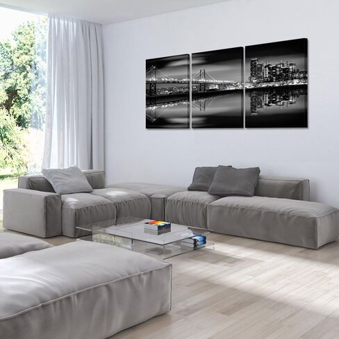 KREATIVE ARTS - San Francisco Bay at Night in Black and White Bridge 3 Panels Modern Landscape Artwork Canvas Prints Cityscape Pictures Paintings on Canvas Wall Art for Home Decor (16x24inchx3pcs) in Kuwait