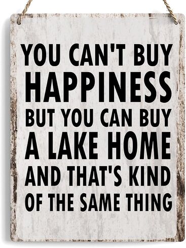 Lake House Decor For Home Farmhouse, You Can't Buy Happiness But You Can Buy A Lake Home Retro Wall Art, Living Room Kitchen Rustic Hanging Sign, Set Of 1 Wooden Sign With Rope - J03 in Saudi Arabia