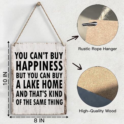Lake House Decor For Home Farmhouse, You Can't Buy Happiness But You Can Buy A Lake Home Retro Wall Art, Living Room Kitchen Rustic Hanging Sign, Set Of 1 Wooden Sign With Rope - J03 in Saudi Arabia