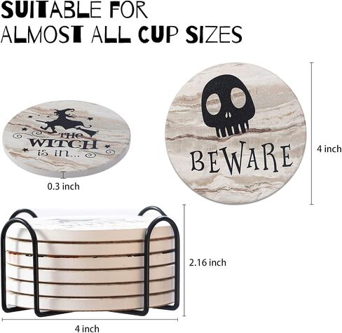 6pcs Halloween Cup Drinks Coasters with Holder,Round Absorbent Ceramic Coaster Set,Funny Drink Coasters with Cork Base for Tabletop Protection,Ideal Gift for Halloween,Housewarming,Birthday in Saudi Arabia