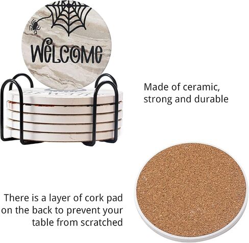 6pcs Halloween Cup Drinks Coasters with Holder,Round Absorbent Ceramic Coaster Set,Funny Drink Coasters with Cork Base for Tabletop Protection,Ideal Gift for Halloween,Housewarming,Birthday in Saudi Arabia