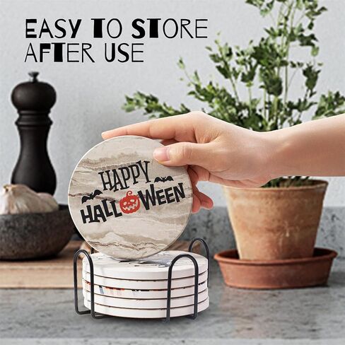 6pcs Halloween Cup Drinks Coasters with Holder,Round Absorbent Ceramic Coaster Set,Funny Drink Coasters with Cork Base for Tabletop Protection,Ideal Gift for Halloween,Housewarming,Birthday in Saudi Arabia